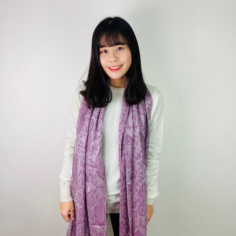 【換季特賣】浪漫粉紫花園100% Cashmere輕薄款圍巾 售出不退貨 - 圍巾/披肩 - 羊毛 