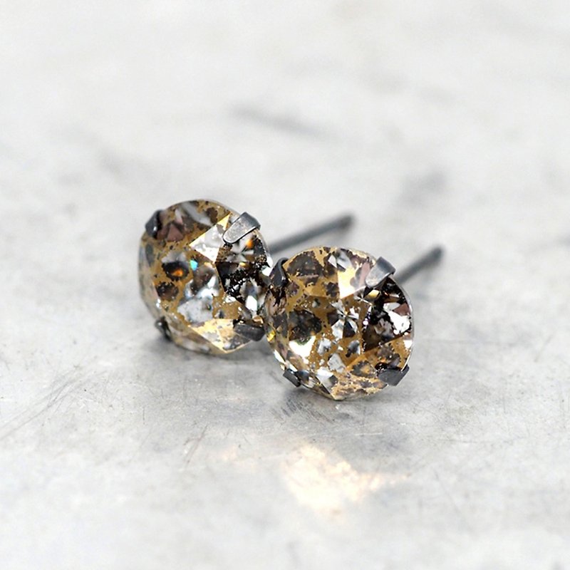 金色隕石施華洛世奇水晶 - 耳釘耳環 - 黑925純銀 - 8毫米圓形 - 耳環/耳夾 - 其他金屬 金色