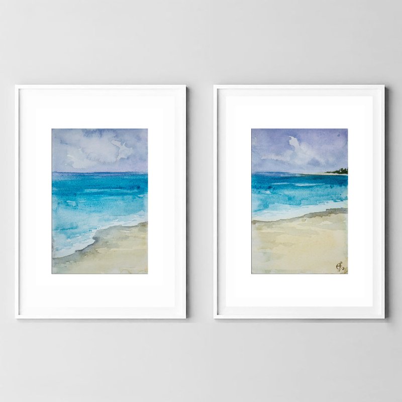 Seascape Painting 2 set Watercolor Original Art Beach Watercolor Hand-Painted - 海報/掛畫/掛布 - 紙 藍色