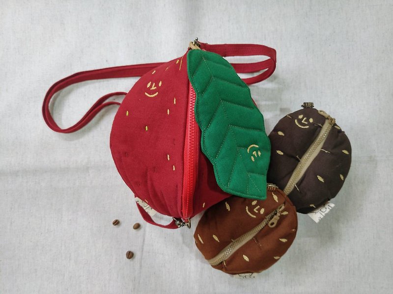 ::片面1袋::スカルプテッドサイドバック/セパレート収納袋-小さな赤いフルーツ＆コーヒー豆袋ミドルバッグ- - ショルダーバッグ - コットン・麻 
