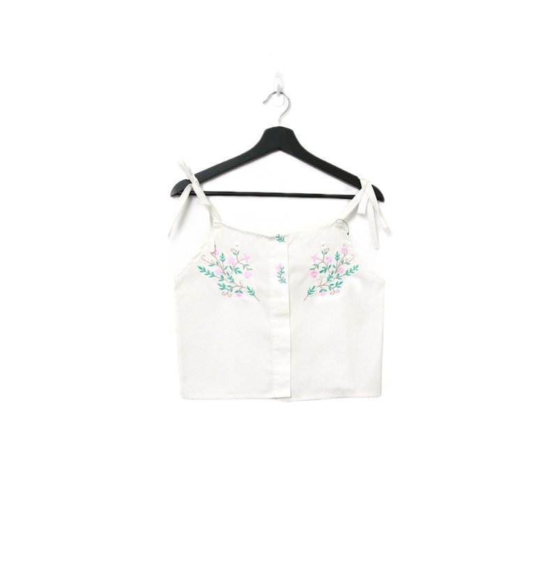 Back to Green-再製綁帶刺繡 粉花 綠葉 sv-31/ vintage vest - 背心/無袖上衣 - 棉．麻 