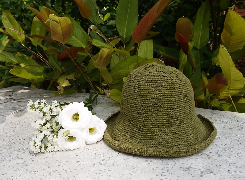 Amu’s Handmade Hat-Handmade Cotton Rope Crochet Hat/Wide Brim Fisherman Hat-Olive Green/Gift/Outing/Mother’s Day - หมวก - ผ้าฝ้าย/ผ้าลินิน สีเขียว