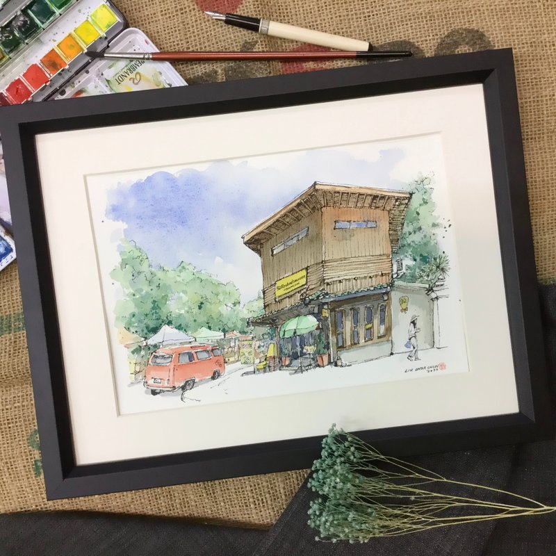 街角咖啡廳/清邁/手繪原創/淡彩/含畫框 - 海報/掛畫/掛布 - 紙 咖啡色