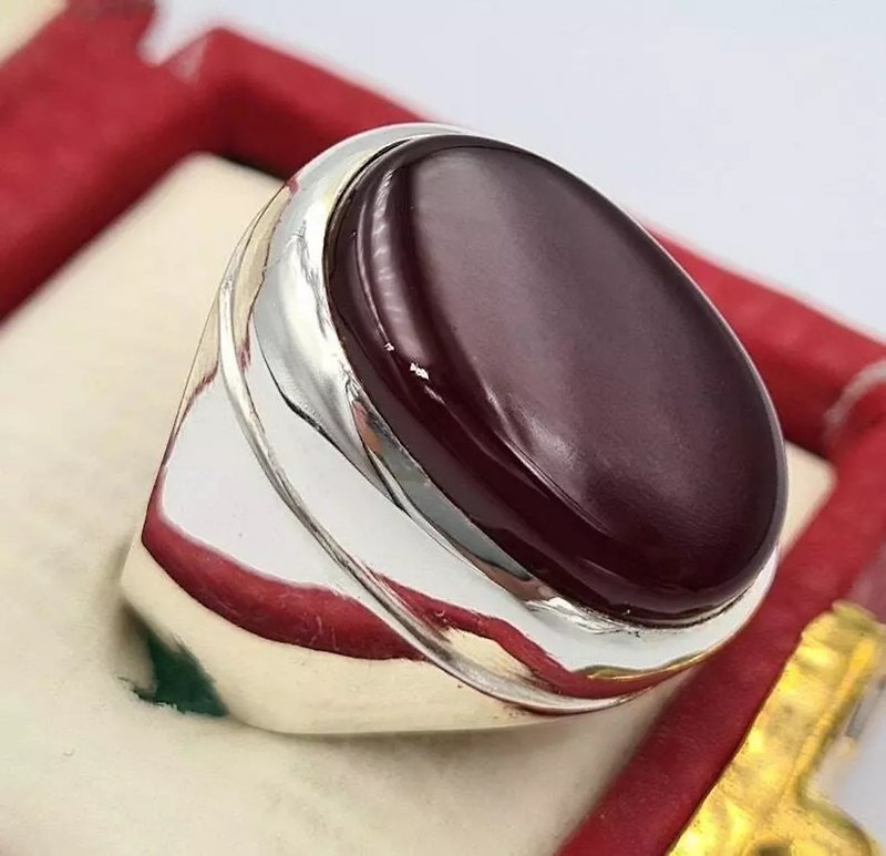 Yemeni aqeeq blood red agate hakik aqiq bague sterling silver jewelry christmas - แหวนทั่วไป - เครื่องเพชรพลอย สีแดง