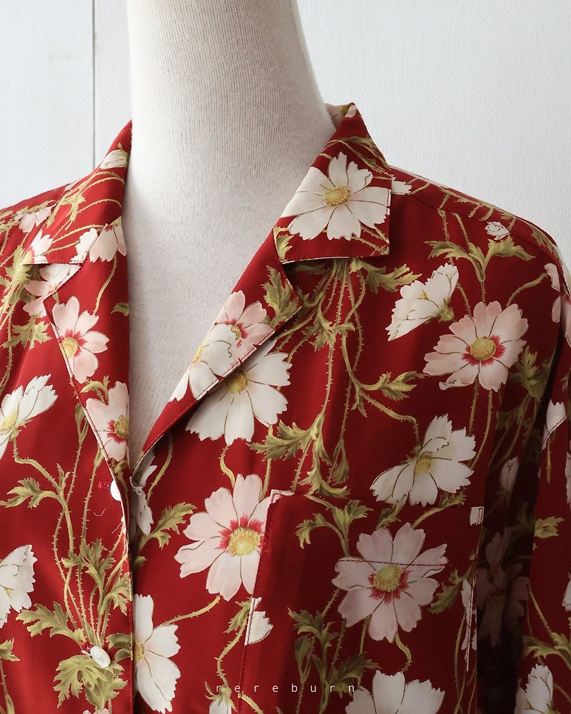 春夏日本製復古花朵印花寬鬆長袖紅色古著襯衫 - 恤衫 - 聚酯纖維 紅色