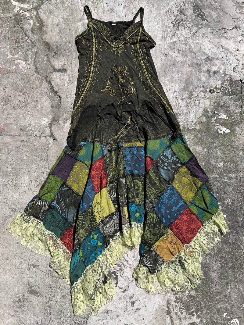 喜迎瑤 尼泊爾 植物染 刺繡背心 蕾絲拼接裙 長裙 民族風 嬉皮 - 裙子/長裙 - 棉．麻 綠色
