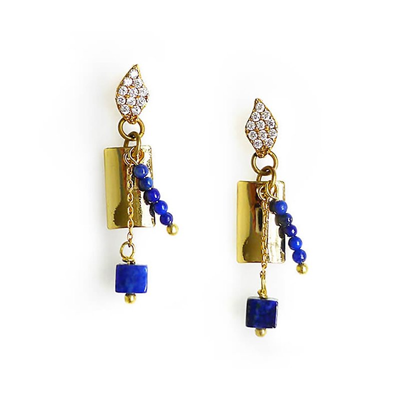 Ficelle | handmade brass natural stone bracelet | 【midsummer】 lapis lazuli - earrings - ต่างหู - เครื่องเพชรพลอย 