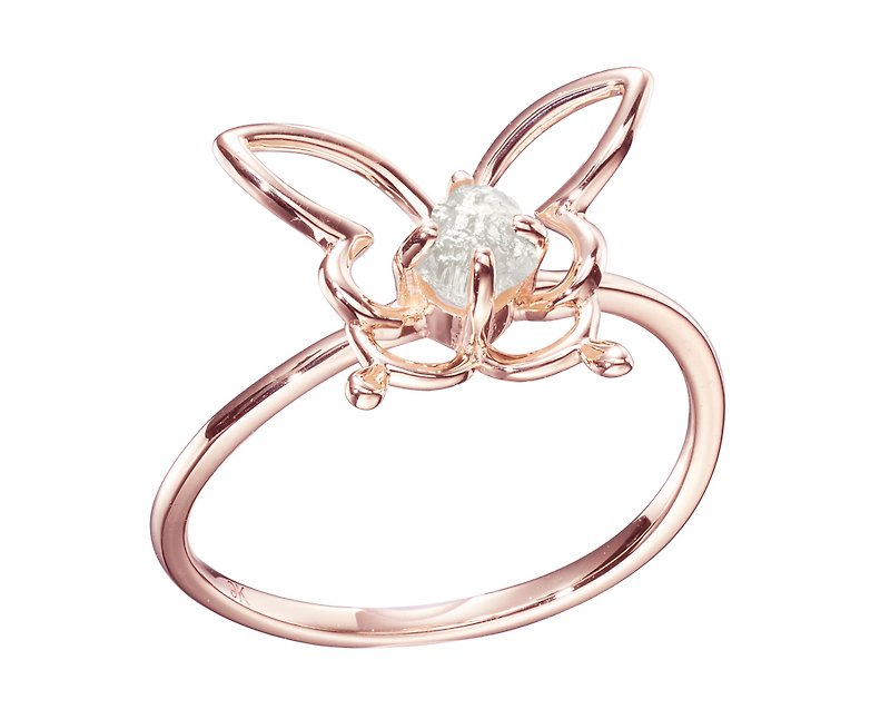 Butterfly Ring, Filigree Ring, Bug Jewelry, Rough Cut Diamond Ring, 9k Raw Stone - แหวนทั่วไป - เพชร สีทอง