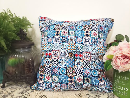hazelnut 北歐花瓷磚風格簡約藍色花圖案抱枕靠枕靠墊枕套