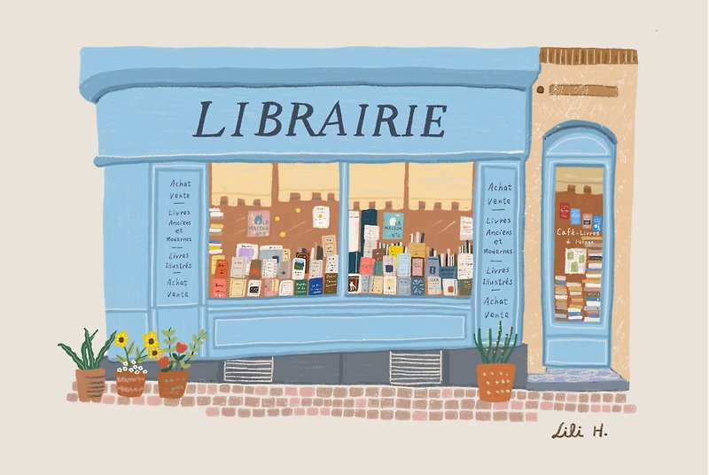 法國粉藍獨立書店(含A4畫框) - 海報/掛畫/掛布 - 紙 藍色