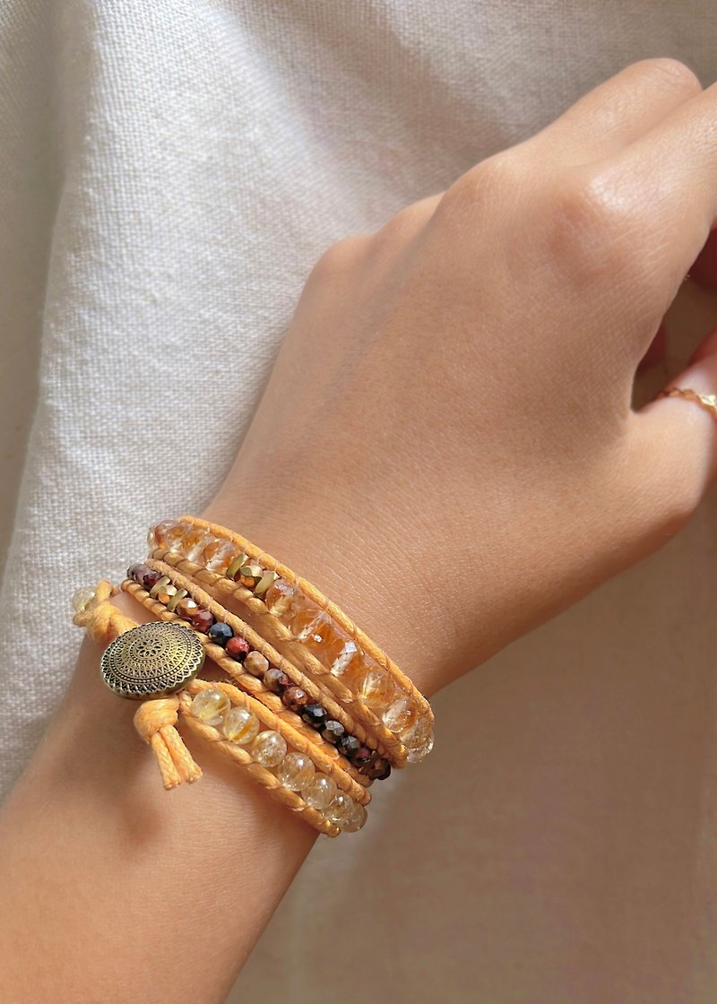 Golden warm sun system / natural stone woven bracelet / Peter Stone titanium crystal citrine - Bracelets - Gemstone Yellow