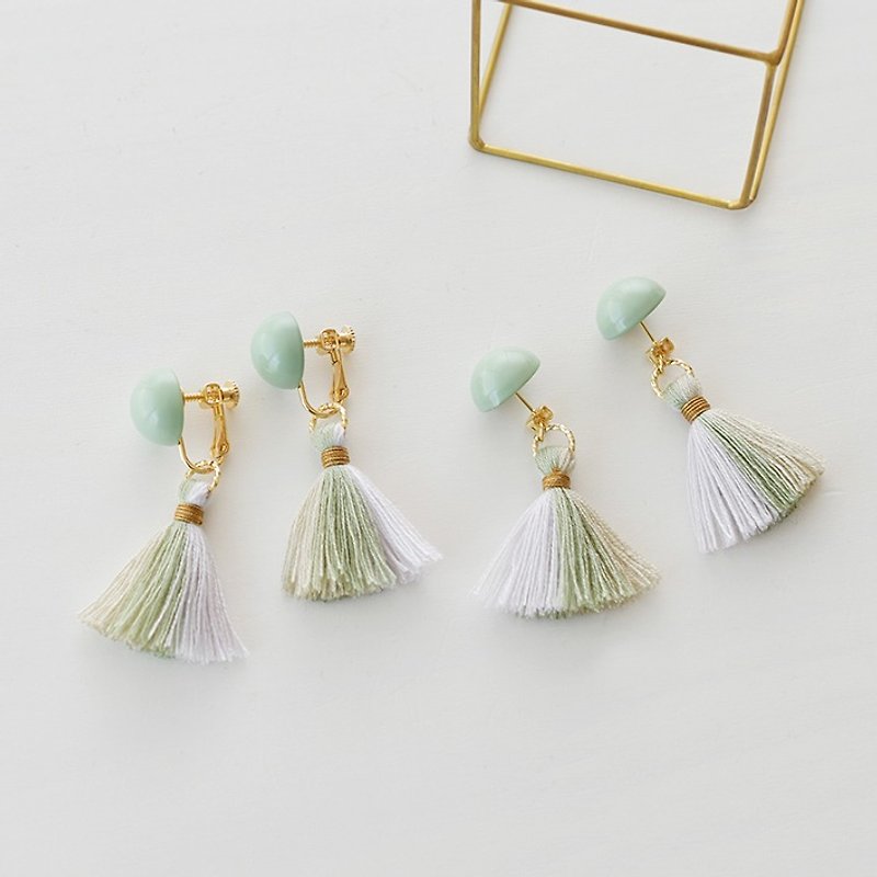 Dome tassel earrings/ green grege - Earrings & Clip-ons - Polyester Green