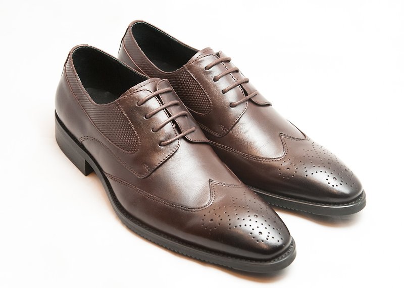 Hand-painted calfskin leather wooden heel wing pattern derby shoes-brown-D1A62-89 - รองเท้าอ็อกฟอร์ดผู้ชาย - หนังแท้ สีนำ้ตาล