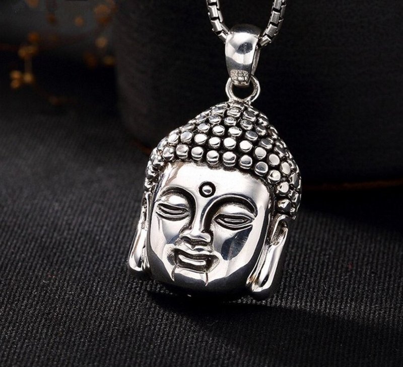 Real 925 Sterling Silver Unisex Buddha Head Necklace without Chain Handmade - 長項鍊 - 純銀 銀色