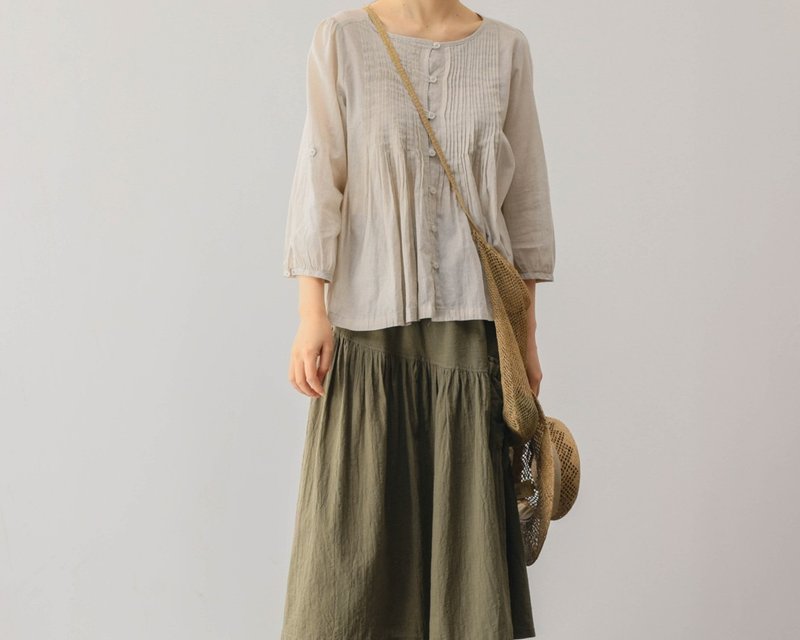 French retro salt-lined wandering girl loose lazy accordion pleated Linen blouse - เสื้อผู้หญิง - ผ้าฝ้าย/ผ้าลินิน สีเทา