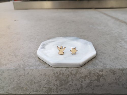 Tiny Gemini 小小雙子 小天使與六角星耳釘 - 耳針 耳環 木製 防敏 不鏽鋼