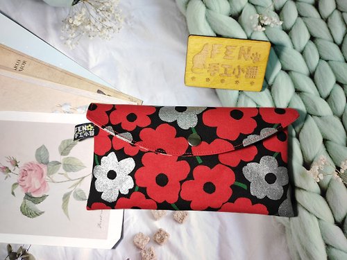 FEN手工小鋪 單層款布紅包袋-日本厚棉燙銀紅花手作布紅包袋-收納包-存摺袋