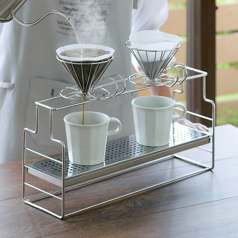 Japan Shimomura KOGU Japanese-made 18-8 Stainless Steel three-stage height-adjustable coffee hand punch rack-for 3 cups - เครื่องทำกาแฟ - สแตนเลส สีเงิน