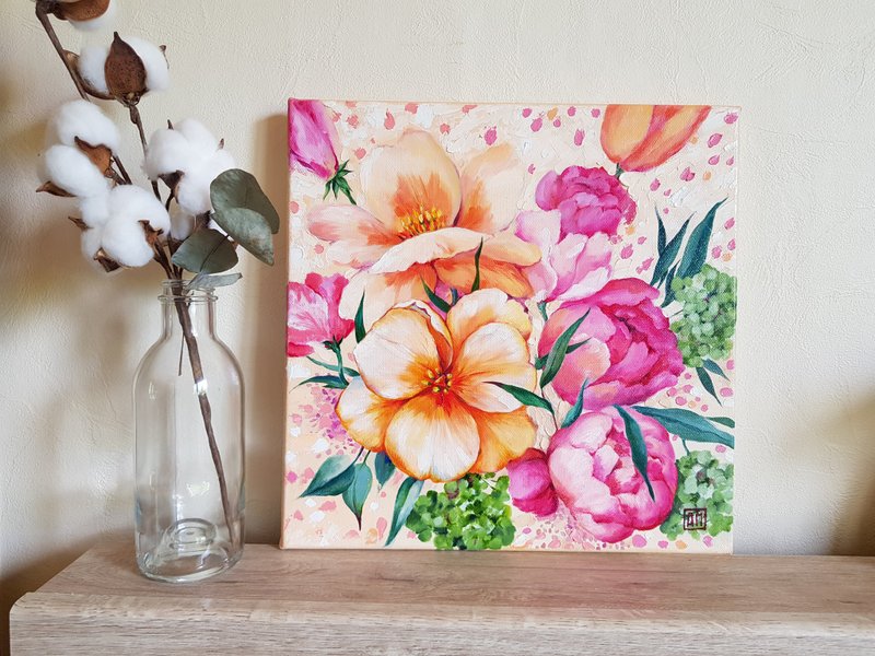 Original cute Floral artwork hand painted oil painting 02 - 壁貼/牆壁裝飾 - 其他材質 