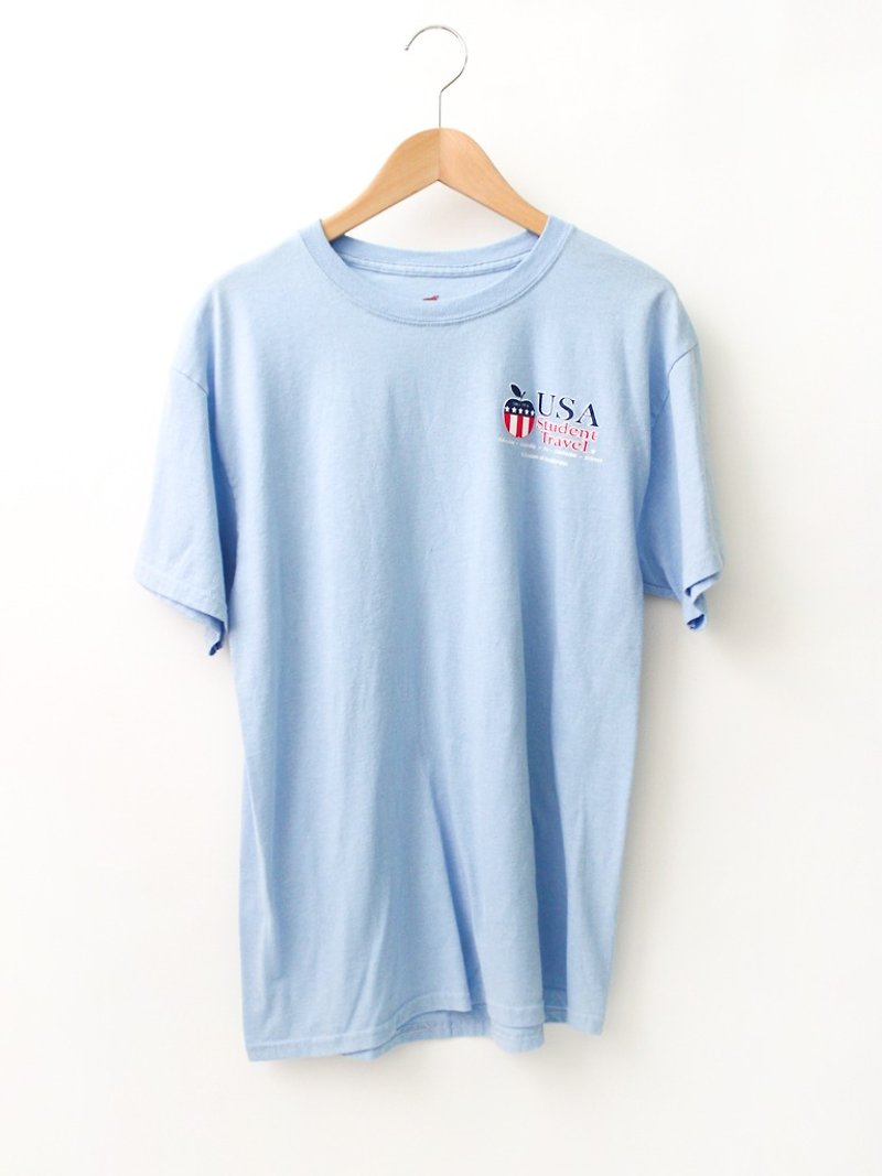 【RE0819S08】夏美國美式中性寬鬆水藍色古著棉大學Ｔ上衣 - 中性衛衣/T 恤 - 棉．麻 藍色