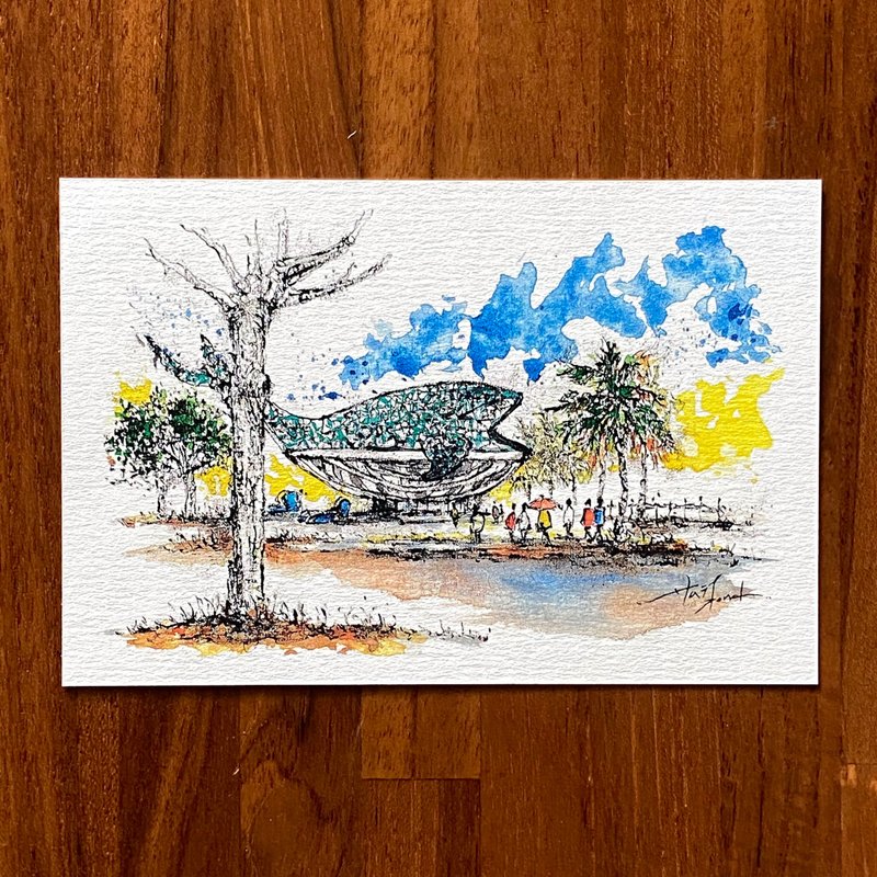 Dead branch pen sketching Tainan attractions big fish blessing watercolor illustration hand-painted postcard - การ์ด/โปสการ์ด - กระดาษ 