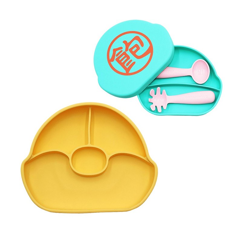 FARANDOLE分格不翻盤(黃色)+矽膠盒(藍綠-飽)+學習餐具組(粉) - 寶寶/兒童餐具/餐盤 - 矽膠 多色