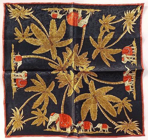orangesodapanda Jim Thompson Vintage Silk Handkerchief, 15 x 15 inches, Elephants and Coconut