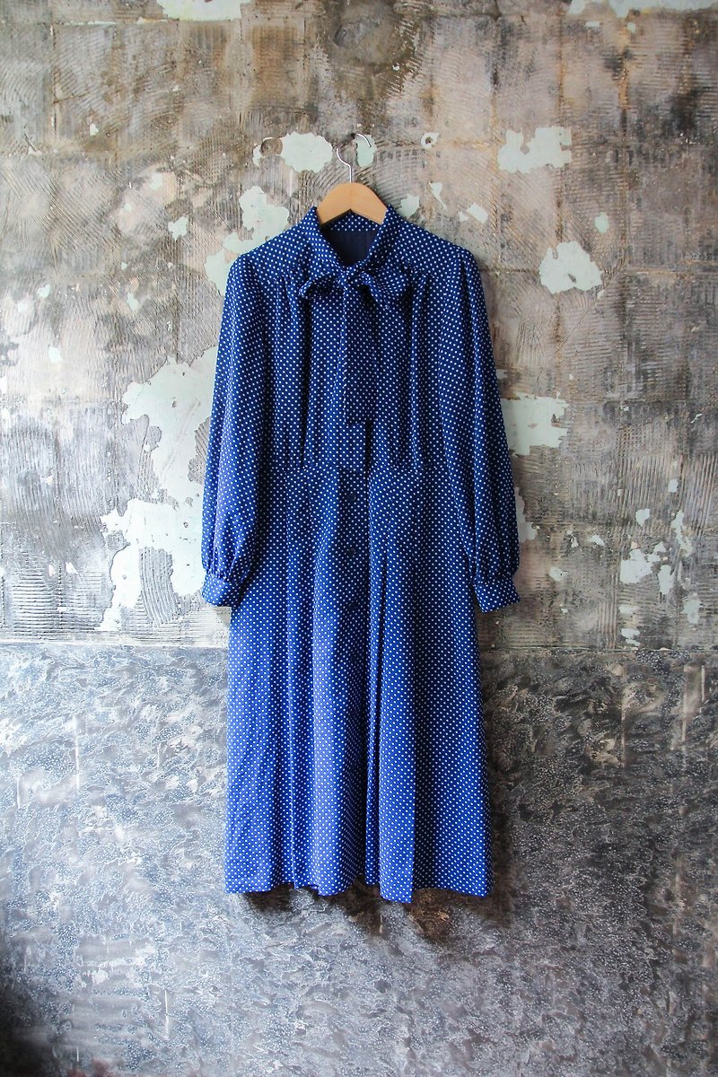 裊裊百貨公司-Vintage 藍色水玉長袖洋裝  復古著 - 連身裙 - 聚酯纖維 