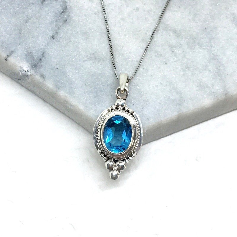 Blue Topaz 925 sterling silver exotic elegant style necklace handmade inlaid in Nepal - Necklaces - Gemstone Blue