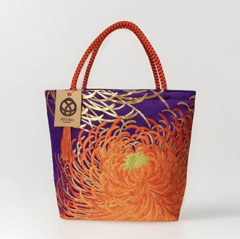 獨一無二真絲和服袋帶托特包, 日本手工刺繡升級改造包, 和風藝術 - 手提包/手提袋 - 絲．絹 橘色