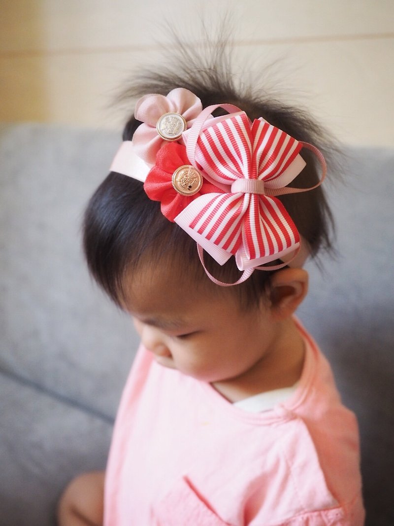 Red stripe ribbon bow handmade baby headband and hair clip set - Baby Hats & Headbands - Cotton & Hemp Red