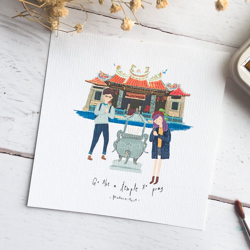 Illustrated postcards / Taiwanese stories - Go to the temple to worship【Meteorillst】 - Cards & Postcards - Paper White