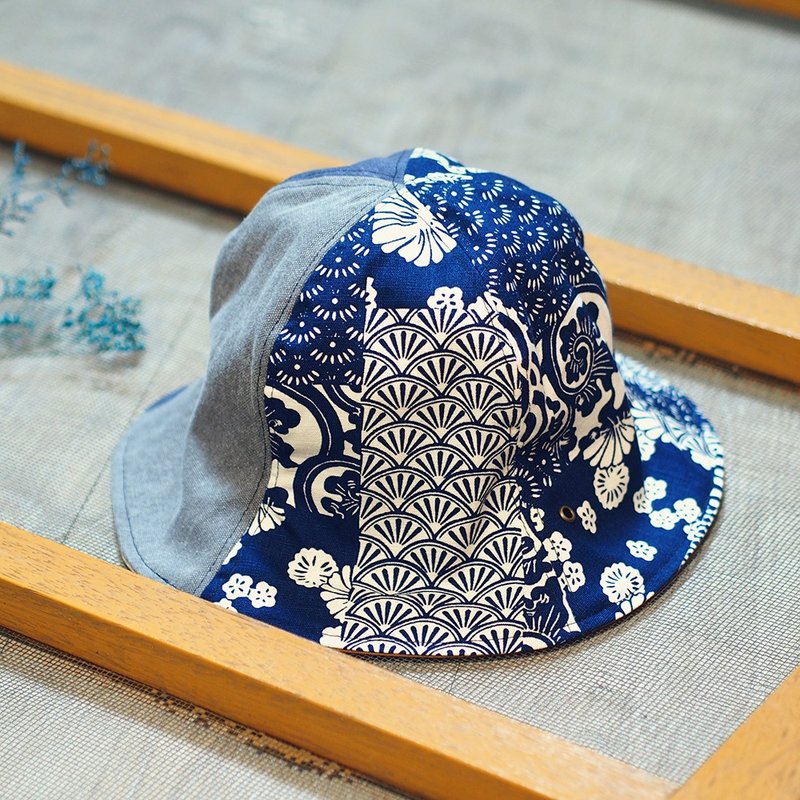小牛村 手工帽子 雙面遮陽帽 青海波圖騰【日文樣】HM-56 - 帽子 - 棉．麻 藍色