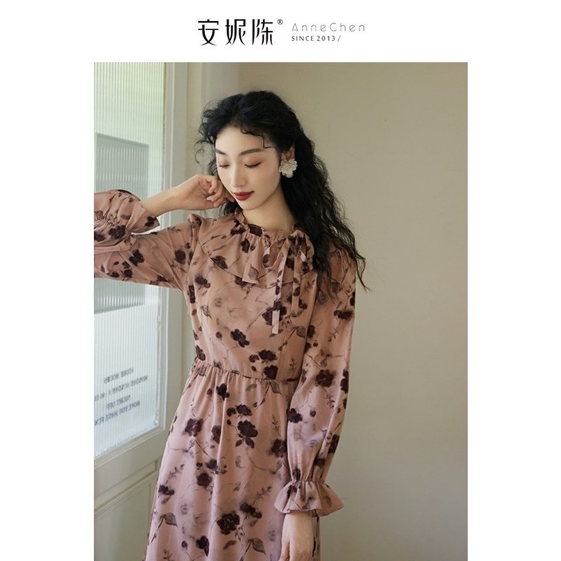 安妮陳【蔷苒玫瑰】粉色荷葉領碎花洋裝女連身裙連衣裙溫柔氣質 - 洋裝/連身裙 - 其他材質 粉紅色