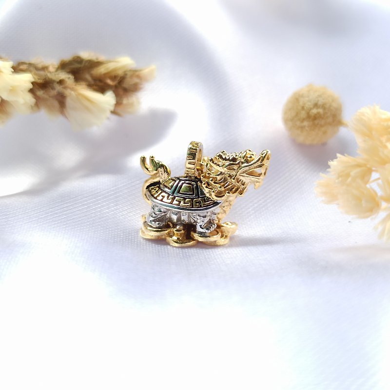Chinese mythical creature dragon turtle silver charm. Gold plated and black. - 手鍊/手環 - 純銀 金色