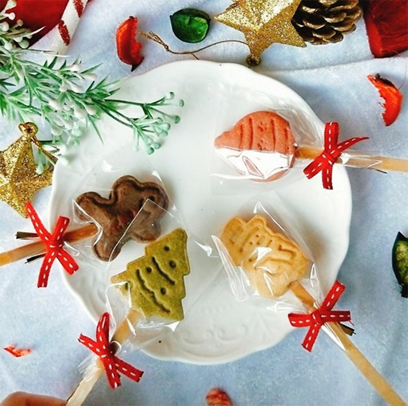 【タグオ】クリスマスロリポップ手作りクッキー（クリスマスツリー/雪だるま/ジンジャーブレッドマン/カラーボール） - クッキー・ビスケット - 食材 レッド