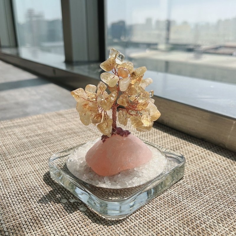 迷你黃水晶樹 粉晶原礦底 附白水晶碎石玻璃盤 - 擺飾/家飾品 - 水晶 