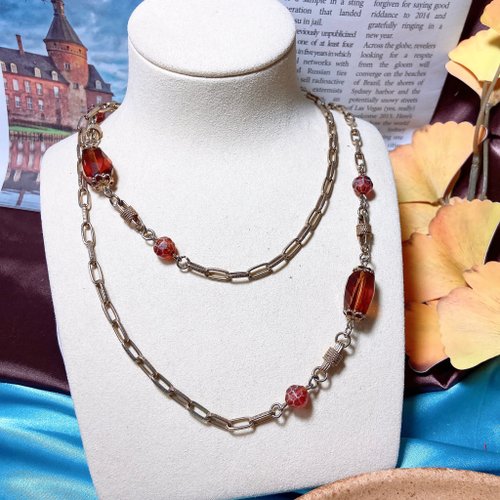 挪亞方舟古董飾品 Vintage Jewelry 【西洋古董飾品】Sarah Cov. 古典疊帶橙珠波蘿紋角珠串優雅 項鍊