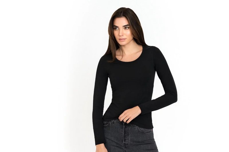 北歐極簡 - 透氣貼身經典長袖有機棉圓領Tee / T-shirt 女(黑) - 女裝 T 恤 - 棉．麻 黑色