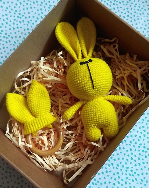 Favorite Toys Baby box, crochet toy hare, teether hare, Stuffed toy hare, set for newborn