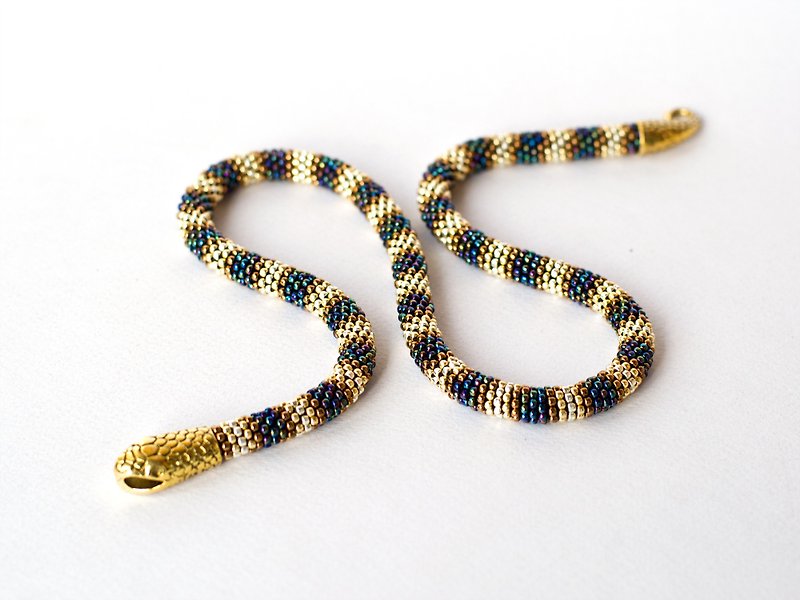 Beaded snake necklace, Serpent jewelry for women, Snake choker - Necklaces - Glass Khaki