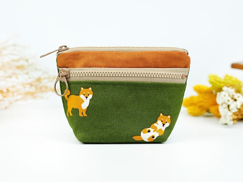 Hand-made cloth pocket purse double zipper small storage package Shiba Inu [small grass on the grassland] matcha green [BG-01] - กระเป๋าใส่เหรียญ - ผ้าฝ้าย/ผ้าลินิน สีเขียว