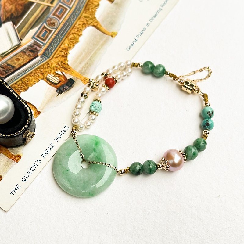 Natural Jadeite Donut Bracelet - With Natural Pearl, Turquoise, Red Coral - สร้อยข้อมือ - เครื่องเพชรพลอย หลากหลายสี
