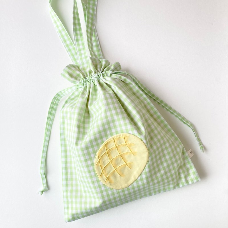 網紋麵包與格子布紋束口袋 - 手袋/手提包 - 棉．麻 綠色