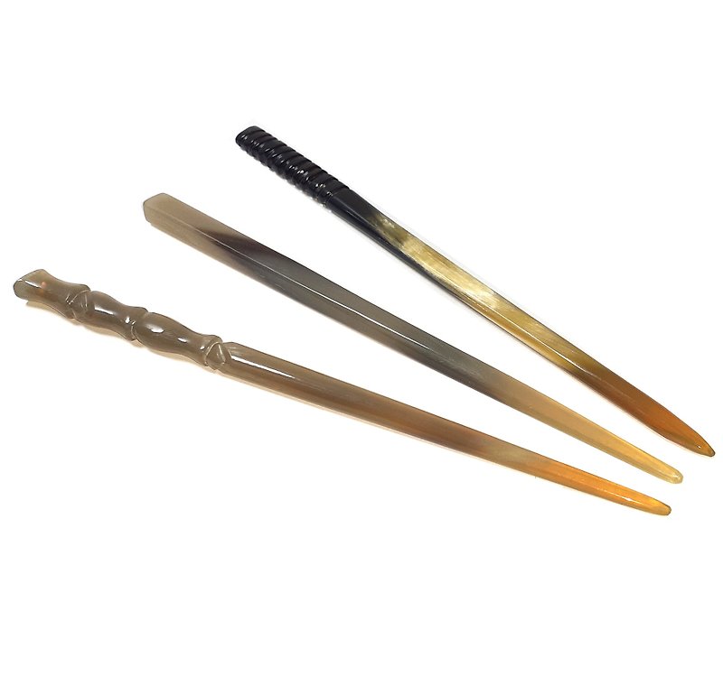 3pcs Natural Horn Hair Sticks for Women - Chinese Retro Stick Hairpin Fork Clip - 髮夾/髮飾 - 環保材質 咖啡色
