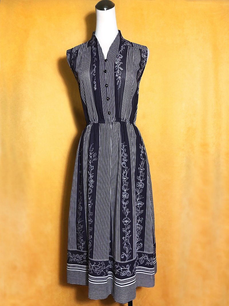 Flower stripes V-neck long sleeveless vintage dress / Foreign back VINTAGE - ชุดเดรส - เส้นใยสังเคราะห์ สีม่วง