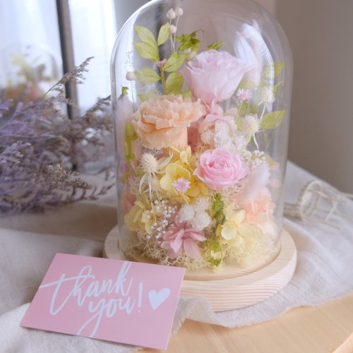 花敢森活不凋花、 永生花、乾燥花、人造花設計 玻璃鐘罩/粉色/不凋花/永生花/乾燥花/康乃馨/母親節/禮物
