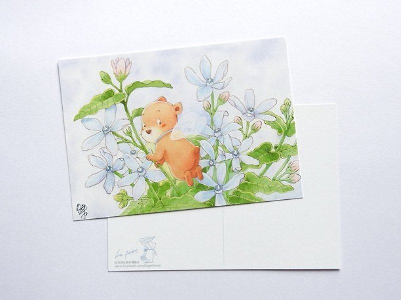 Bagels illustration postcard "Japan Blue Star Flower - Flower Bear Wizard" - Cards & Postcards - Paper Blue