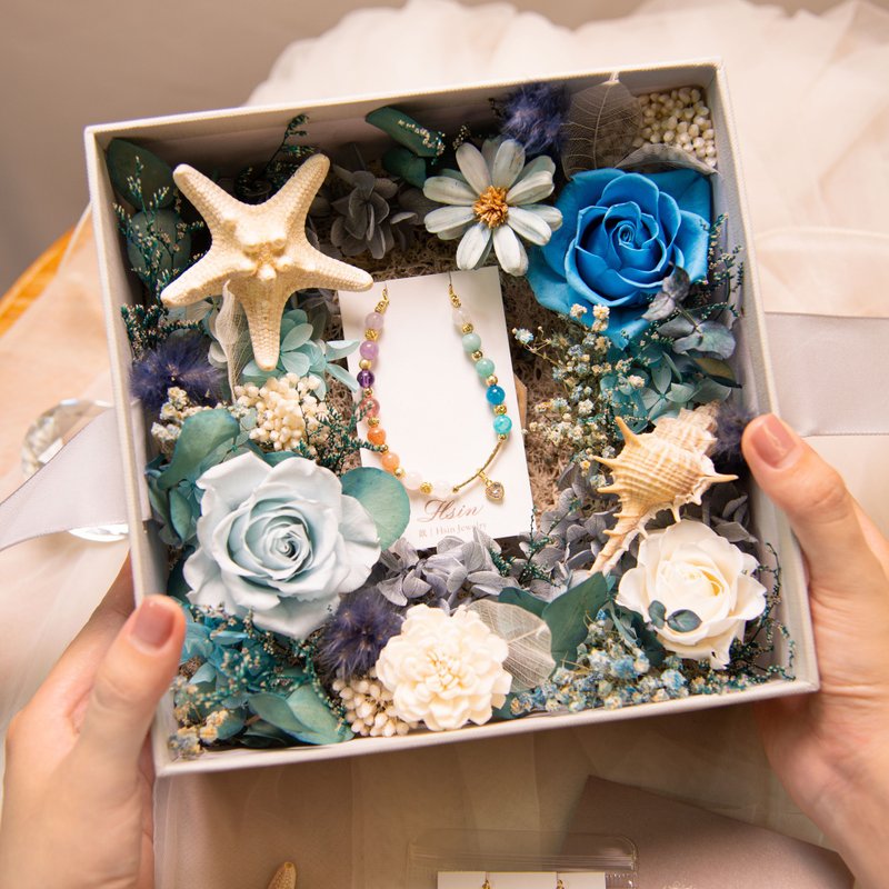 【海洋藏寶箱】永生花乾燥花花盒 婚禮戒盒 天然水晶手鍊 k金項鍊 - 手鍊/手環 - 寶石 藍色
