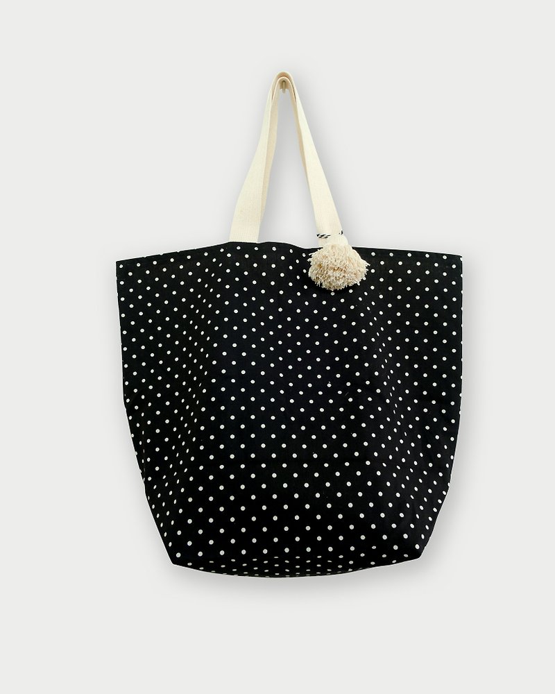 Fabric Bag | Large Market Bag - Polkadot Bag (Black Color) - 手提包/手提袋 - 棉．麻 黑色